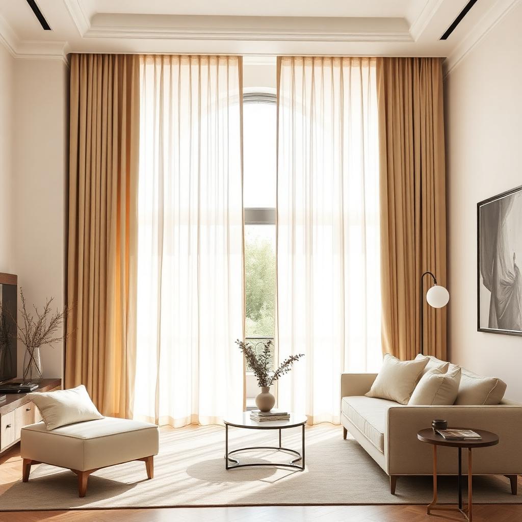 Sala elegante com cortinas de linho em tons neutros e luz natural